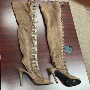 Brown Over The Knee Lace Up Heels